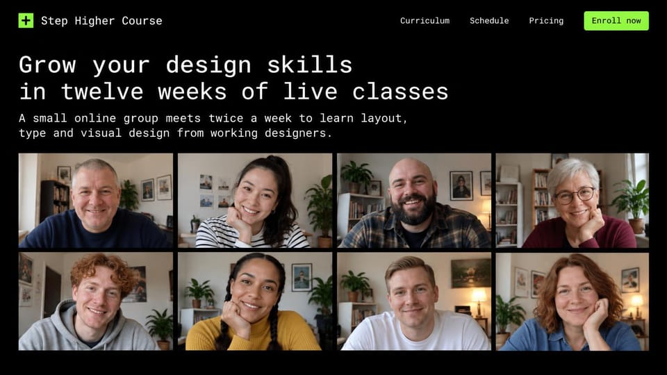 Landing page website design, live course with a video-call grid: black page, white monospace headline, a grid of eight smiling people on video calls, green enroll button