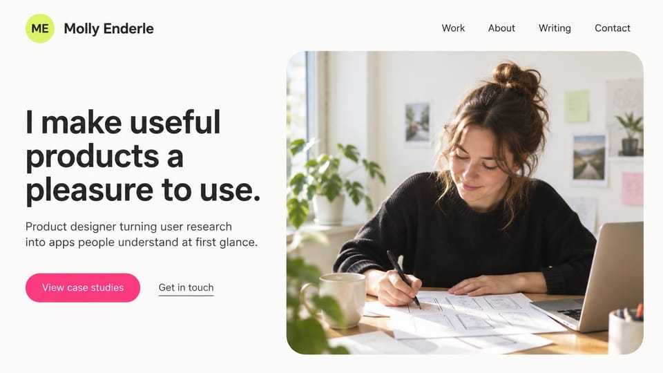 Resume website design, product designer sketching wireframes in a sunny studio: warm white page, a large black headline, a pink case studies button and a woman sketching app screens at a sunlit desk