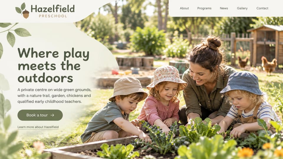 Daycare website design, nature preschool with a garden photo across the page: full-width sunny photo of a teacher and three children in sun hats planting a raised bed with chickens behind, a cream curved panel with a dark olive rounded headline and olive pill button