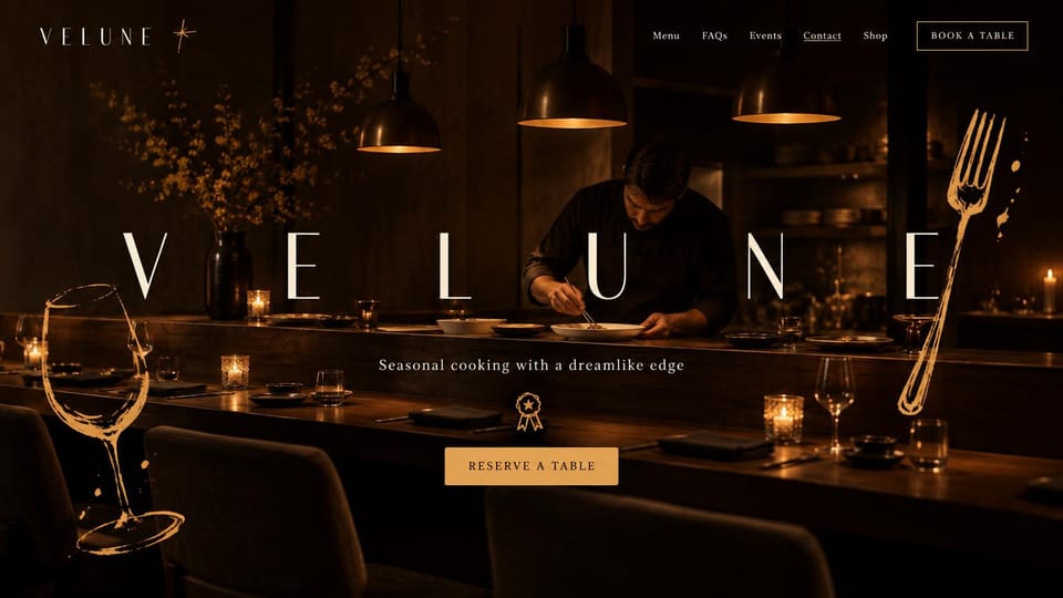 Restaurant website design, tasting counter with gold sketches: dark amber photo of a chef at a counter, spaced white letters and a gold sketched glass and fork