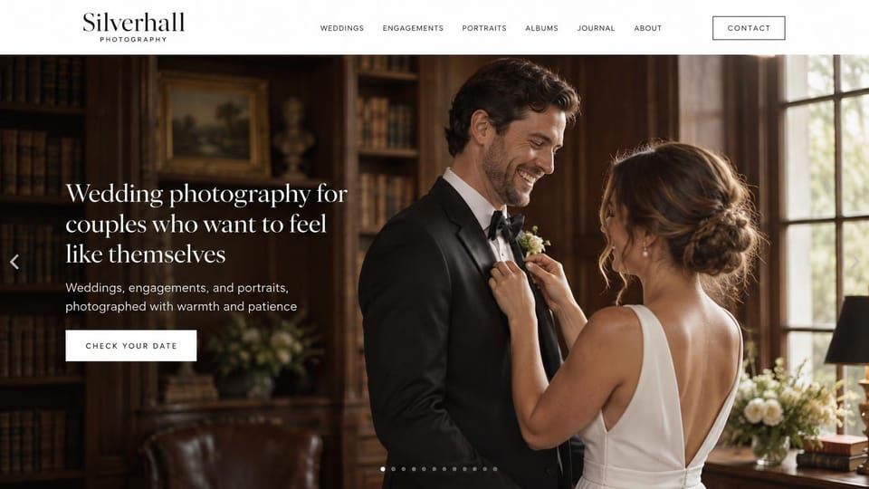 Wedding photographer website design, wedding and portrait photographer in a warm library: white menu, a bride pinning the groom's flower in a wood-paneled library, a white serif headline on the left, a white button and slide arrows