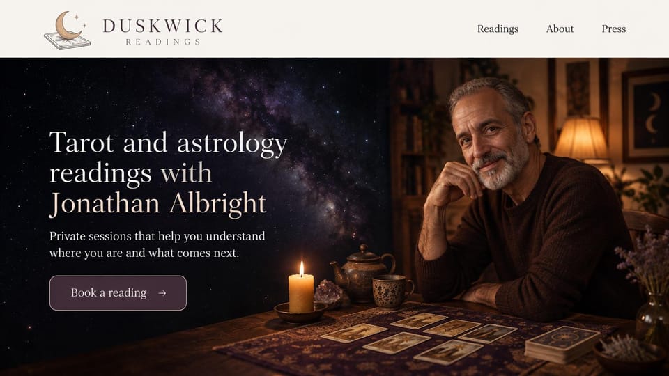 Astrology website design, tarot and astrology under a night sky: cream header over a dark starry hero, a cream serif headline and an outlined button beside a bearded reader at a candlelit table of cards