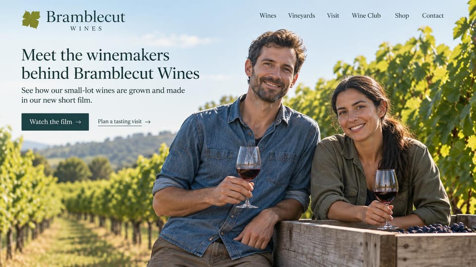 Winery and brewery website design, small-lot winery introducing its winemakers: bright vineyard photo of two winemakers leaning on a grape crate with glasses of red, dark serif headline and a dark green film button