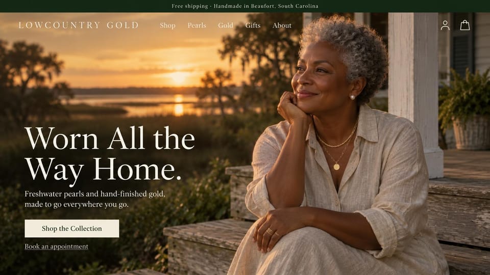 Jewelry website design, pearls and gold on a porch at sunset: full-screen sunset photo of a gray-haired woman on porch steps above a marsh, wearing gold chains, a pearl stud and gold rings, dark green top bar, spaced cream wordmark, cream serif headline and cream shop button