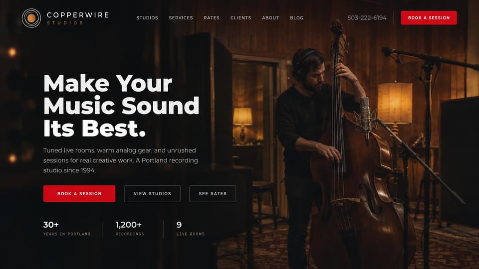 Recording studio website design, analog studio with a player mid-take: dark brown room, a musician in headphones playing upright bass, bold white headline, a red button, two outlined buttons and a row of stats