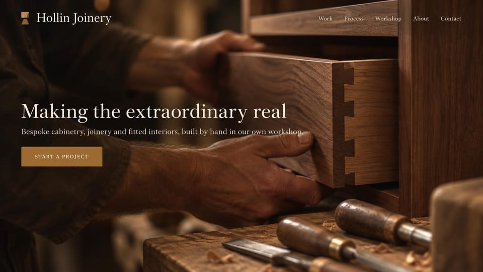 Carpentry website design, bespoke cabinetry with hands at work: dark brown workshop photo of hands fitting a dovetailed walnut drawer beside chisels, a cream serif headline and an amber button