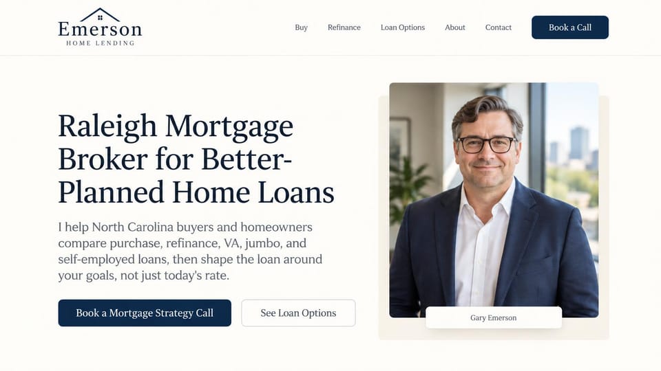 Landing page website design, independent broker with a portrait beside the headline: ivory page, large navy serif headline, a broker in a navy suit framed on the right and a navy call button