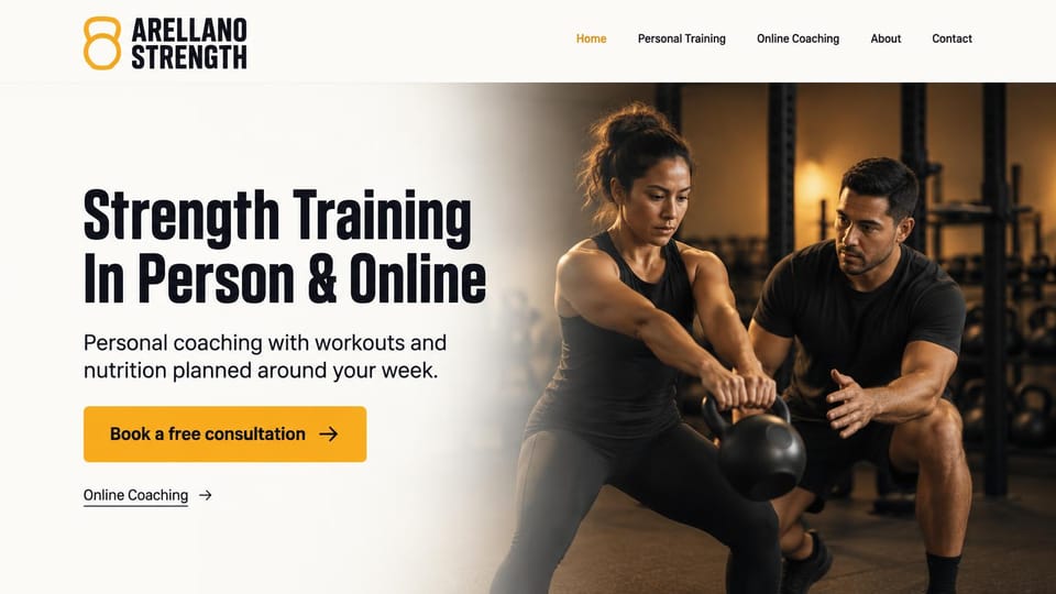 Personal trainer website design, in-person and online strength with workouts and meals: white page fading into a warm gym photo of a coach watching a woman swing a kettlebell, a heavy black condensed headline, a yellow consultation button and an online coaching link