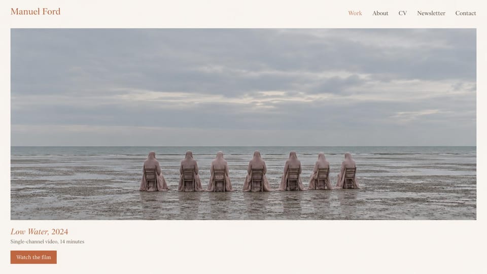 Resume website design, video artist with one film still and a CV link: off-white page, a wide still of seven robed figures on chairs at a misty shoreline, a terracotta serif caption and a watch the film button