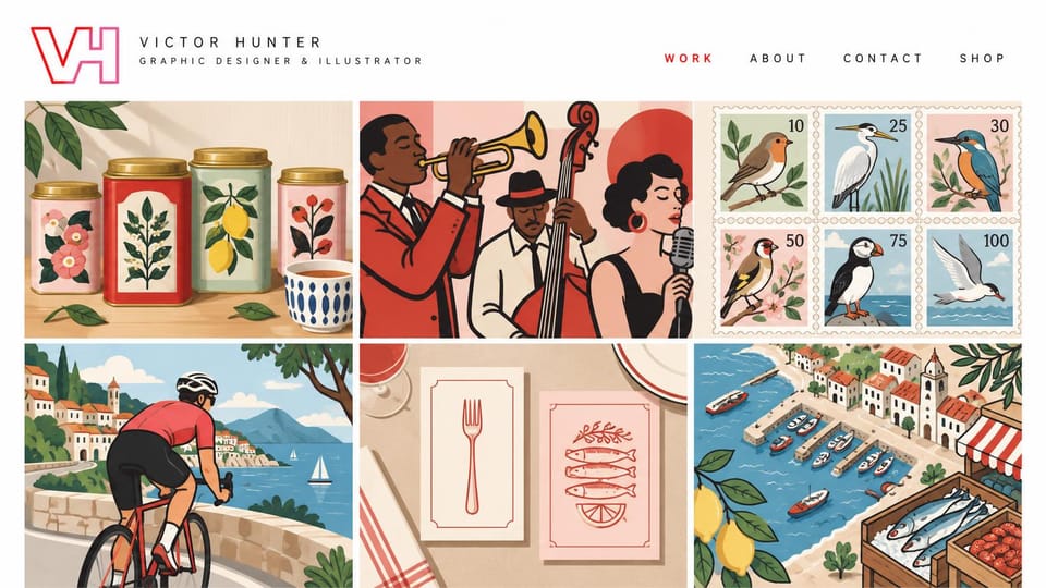 Graphic design portfolio website design, designer and illustrator in a color grid: white page, red monogram logo, a dense grid of flat colorful illustrations: tea tins, jazz musicians, bird stamps, a cyclist, a harbor