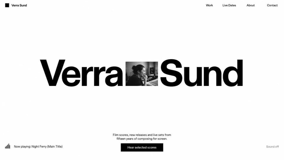 Musician website design, film composer, minimal and white: white page, a giant black name with a small black and white studio photo set inside it