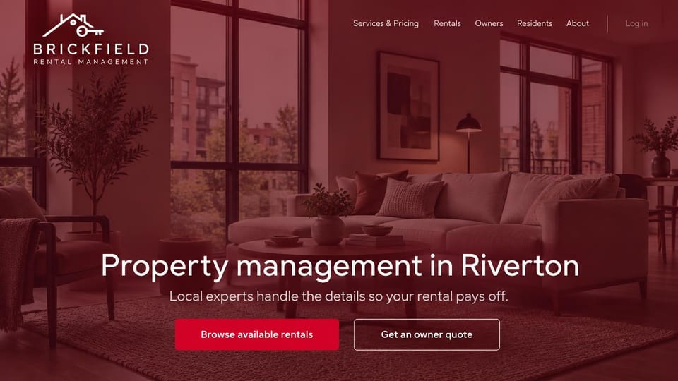 Property management website design, rental management with paths for renters and owners: burgundy-tinted photo of a modern living room, a large white headline, a red rentals button and an outlined owner quote button