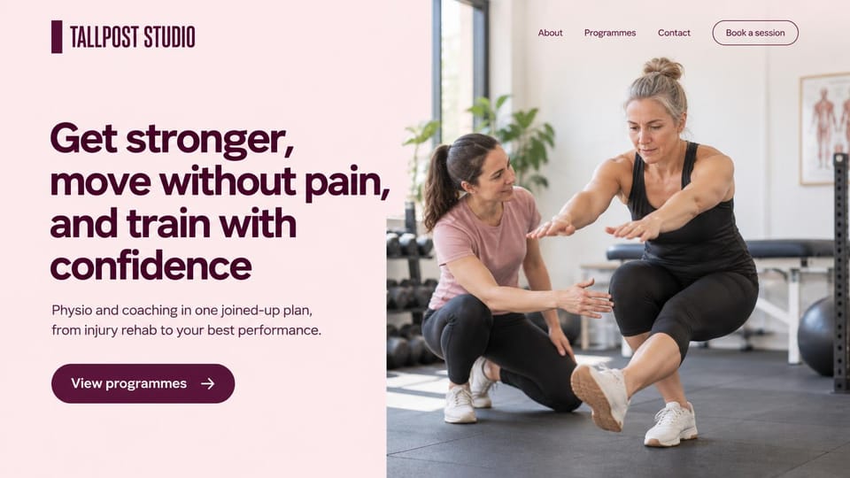Personal trainer website design, physio and coaching in one plan, in blush and burgundy: pale pink panel, a bold burgundy headline, a burgundy button and an outlined booking button, a coach guiding an older woman's single-leg squat in a bright studio with a treatment table