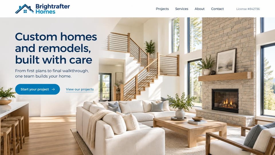 Construction website design, custom homes and remodels with the license up top: white menu, a bright two-story living room with a stone fireplace and open stair, a bold navy headline and a blue rounded button