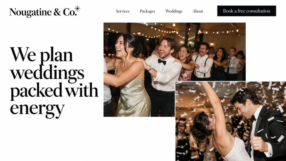 Wedding planner website design, high-energy planner with candid dance floor photos: white page, oversized black serif headline, overlapping photos of a conga line and a bride dancing under confetti, black consultation button