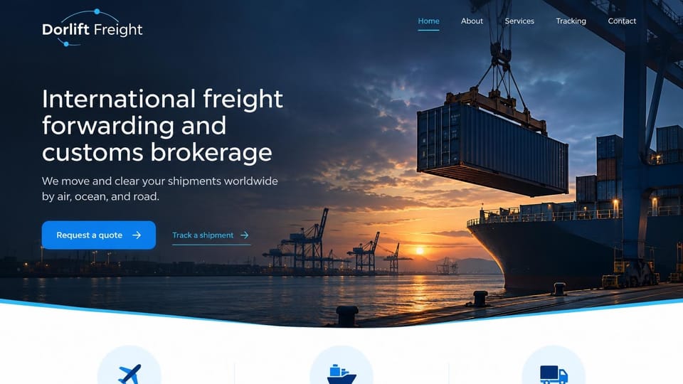 Logistics website design, forwarding and customs brokerage at the harbor: dark sunset harbor photo with a container hanging from a crane, thin white headline, blue quote button, a curved white edge with round service icons below