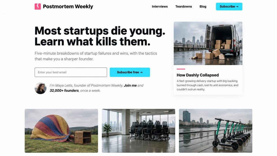 Blog website design, startup newsletter with a featured teardown: white page, a bold black headline, a cyan subscribe button and a delivery van photo card