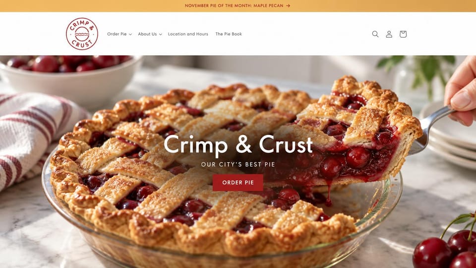 Cafe website design, pie shop with a slice in the hero: a cherry lattice pie being sliced under a white serif name and a red order button