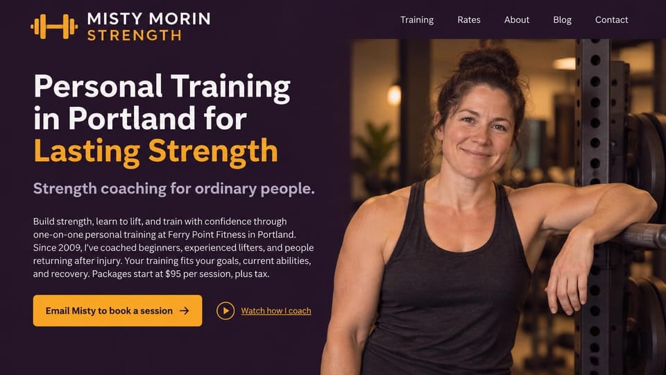 Personal trainer website design, trainer inside a local gym, with the session price up front: dark plum page, a white and orange headline, an orange email-to-book button and a video link, a smiling woman leaning on a squat rack in a warmly lit gym