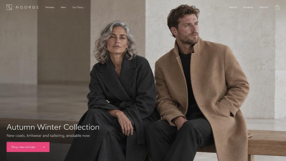 Fashion website design, coats for women and men in a pale stone hall: muted stone hall, a silver-haired woman in a charcoal coat and a man in a camel coat on a bench, a white headline and a bright pink button at lower left
