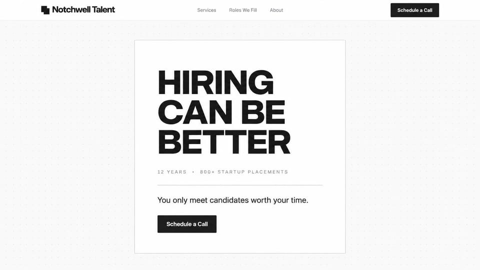 Recruiting website design, startup recruiting in black and white: white dotted page, a bordered card with a heavy black capitals headline, a short stats line and a black button