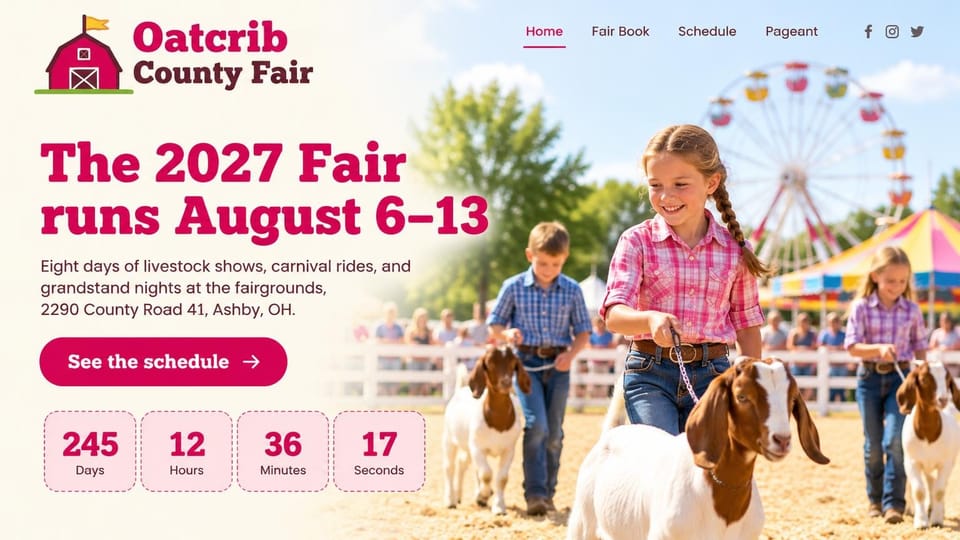 Event website design, county fair with countdown boxes: cream page, berry red headline and button, pink countdown boxes, children showing goats with a ferris wheel behind