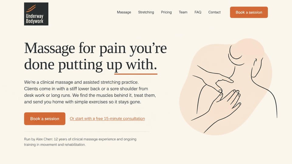 Massage therapist website design, clinical massage with a line drawing: cream page, a large charcoal headline with an orange underline, an orange button and a line drawing of hands on a shoulder