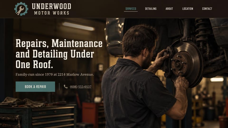 Auto repair website design, repairs, maintenance and detailing in a dark garage: dark brown garage photo of a mechanic checking a brake rotor, a cream condensed headline, a muted teal book button and a phone number