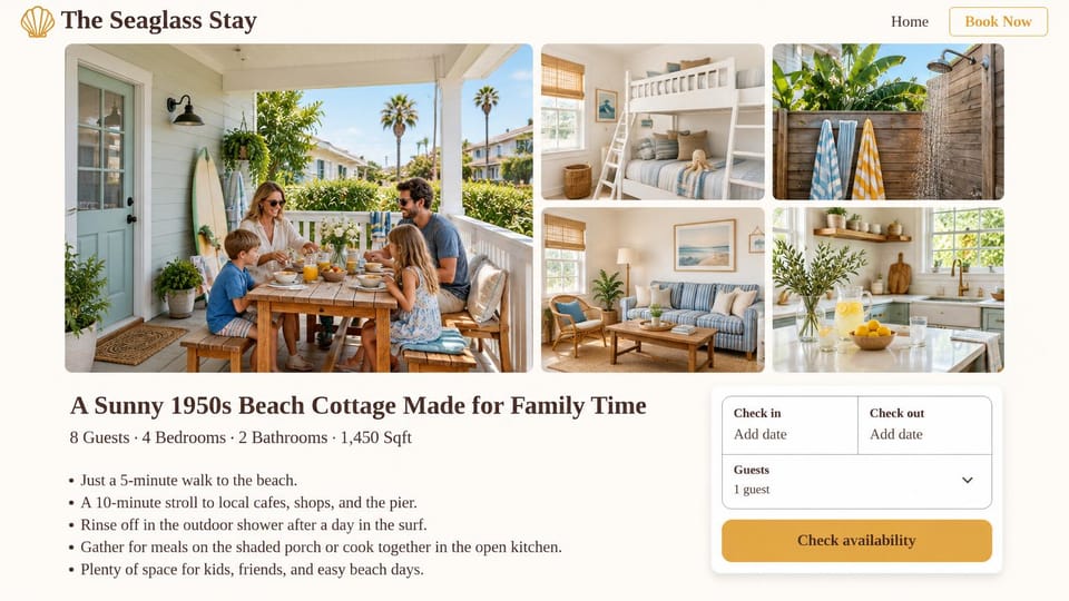 Hotel website design, family beach cottage with a photo grid: cream page, a collage of beach cottage rooms and a family meal, a gold check availability button