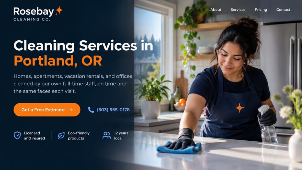 Cleaning service website design, local cleaning on a dark navy panel: dark navy panel with a white and orange headline, an orange estimate button and trust icons beside a cleaner wiping a kitchen counter