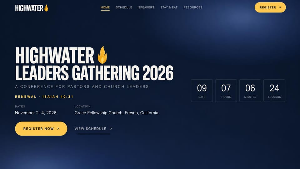Event website design, pastors' conference with a scripture theme: deep navy page, tall white condensed headline with a gold flame, gold theme line, countdown boxes, yellow register button