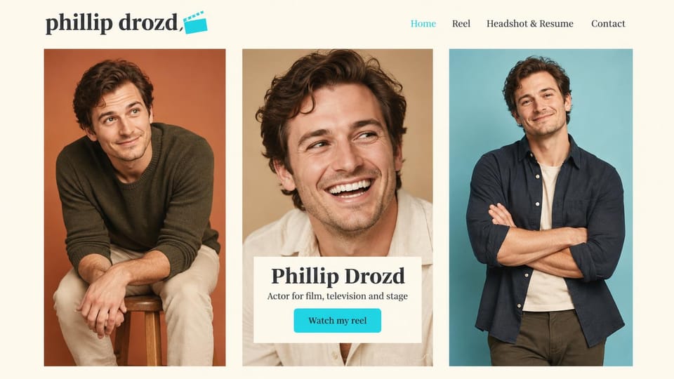 Actor website design, film and TV actor with three portraits on bold backdrops: cream page, a clapperboard logo, three portraits of a smiling man on rust, beige and turquoise backdrops and a white name card with a turquoise reel button