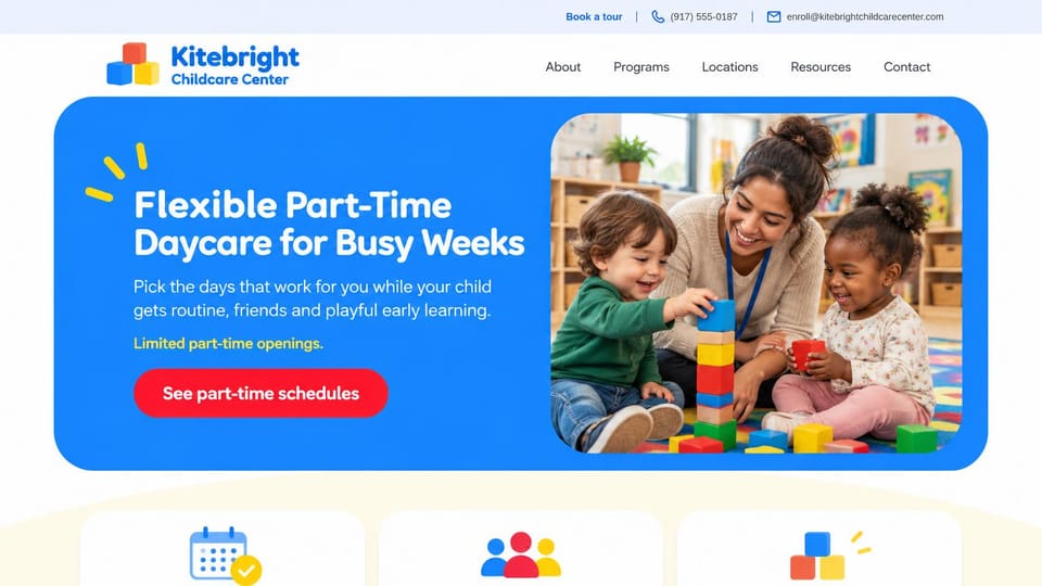 Daycare website design, part-time daycare in bold primary colors: white page, a vivid blue rounded panel with a white headline and red button beside a teacher and two toddlers stacking colored blocks