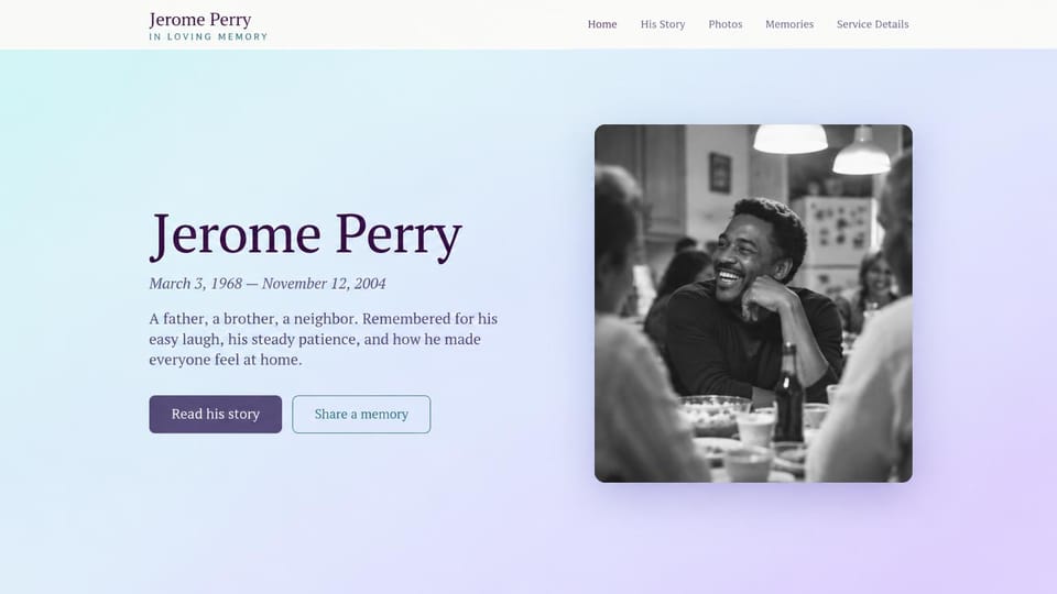 Memorial website design, tribute with a candid black and white photo: soft blue to lavender gradient, a deep purple serif name and a black and white photo of a laughing man at a busy table