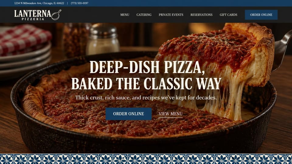 Restaurant website design, deep-dish pizzeria with a tile border: a deep-dish pizza slice lifted from the pan under cream capitals, blue buttons and a blue tile border