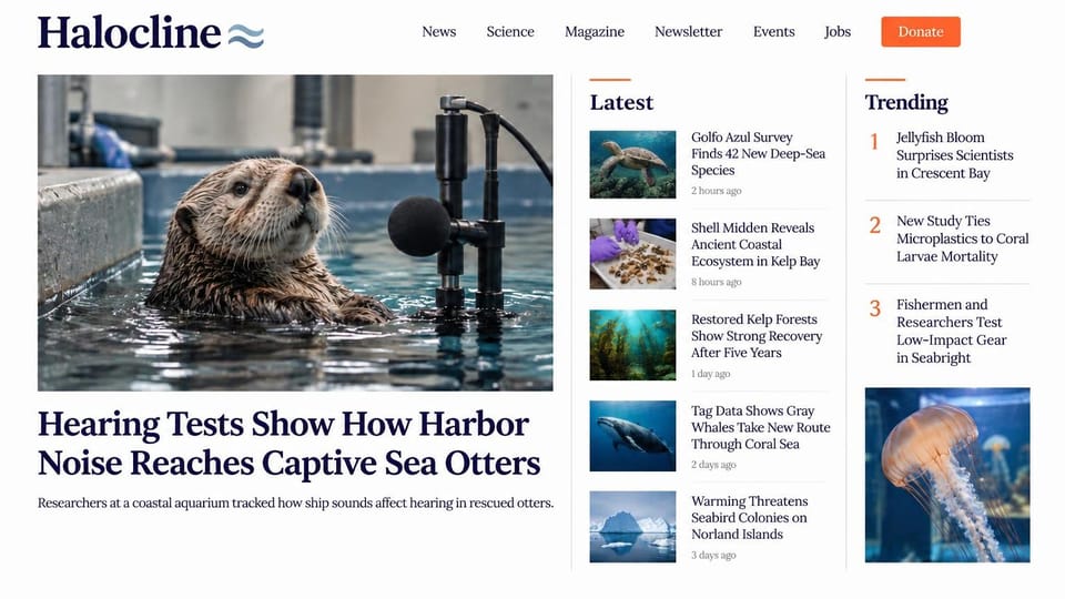 News and magazine website design, ocean science news with latest and trending lists: white page, navy serif logo with a wave mark, an orange donate button, a sea otter beside an underwater microphone, a latest column with timestamps, a numbered trending list and a jellyfish photo
