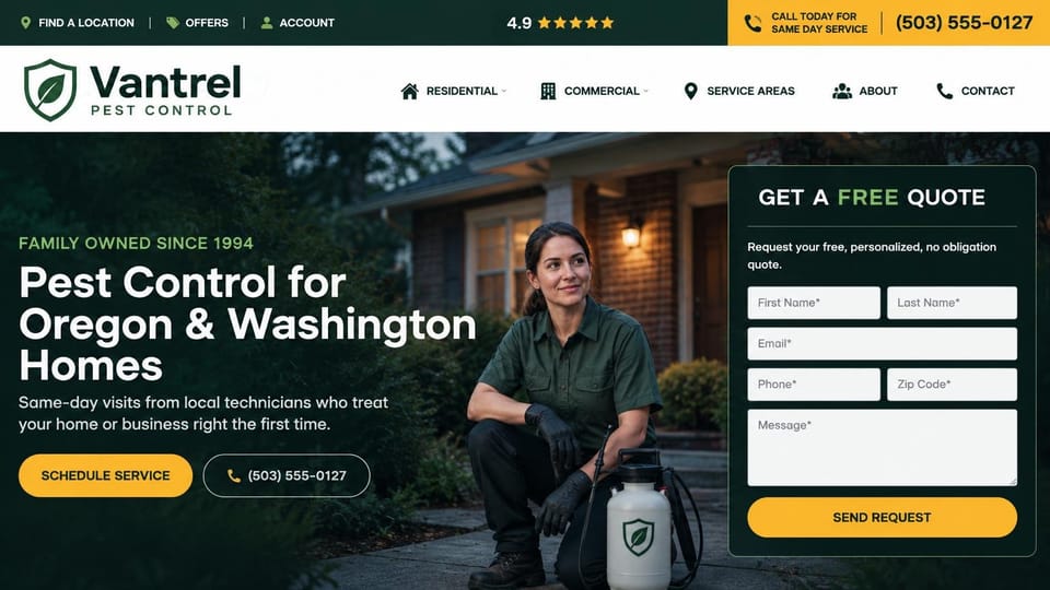 Pest control website design, same-day pest control with a quote form on the photo: dusk photo of a woman technician kneeling beside a sprayer at a house, a white headline, a dark green quote form and yellow buttons