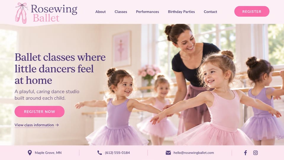 Dance studio website design, toddler ballet with birthday parties: pale pink page, a purple serif headline, a teacher with small girls in pink and lilac tutus, a pink register button and a contact bar