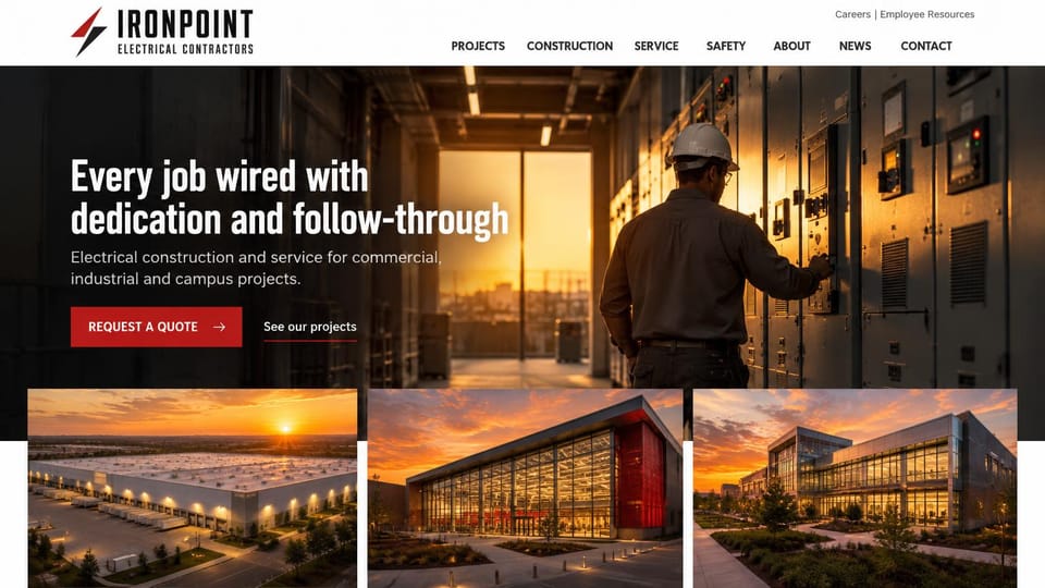 Electrician website design, commercial and campus work with three project photos: white header, an electrician in a white hard hat in a switchroom glowing at sunset, a condensed white headline, a red quote button and three photos of lit buildings