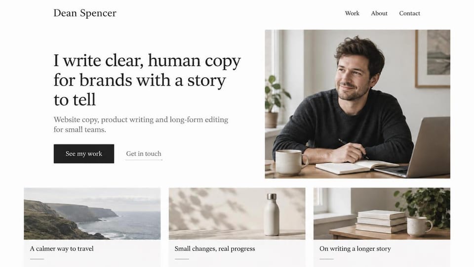 Writer website design, freelance copywriter at his desk: white page, a dark serif headline and black button beside a man writing at a desk, three story cards with photos below
