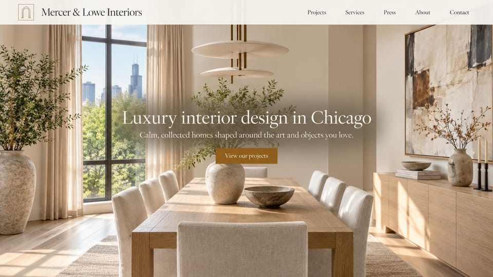 Interior design website design, luxury city apartments, light and calm: a bright dining room with a city skyline through the window, a white serif headline and a bronze button