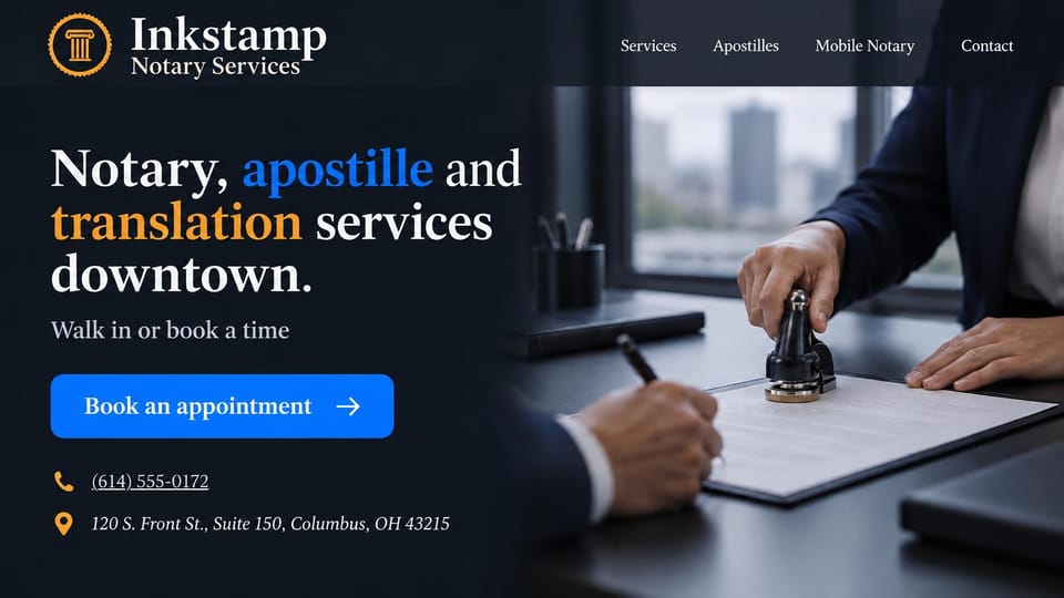 Notary website design, walk-in notary, apostille and translation office: dark navy page, a white serif headline with blue and orange words, a blue booking button and a hand stamping papers by a city window