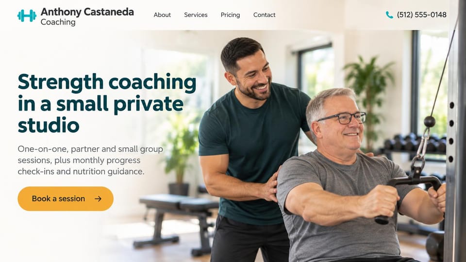 Personal trainer website design, small private studio coaching in teal and sunny yellow: bright white studio photo of a smiling trainer with his hands on an older man's shoulders at a cable row, a dark teal headline, a yellow session button, a phone number in the header