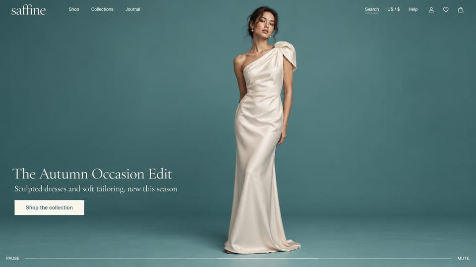 Fashion website design, occasion dresses on a teal studio backdrop: teal studio, a woman in an ivory one-shoulder satin gown, a white serif headline and a white button at lower left, video controls along the bottom