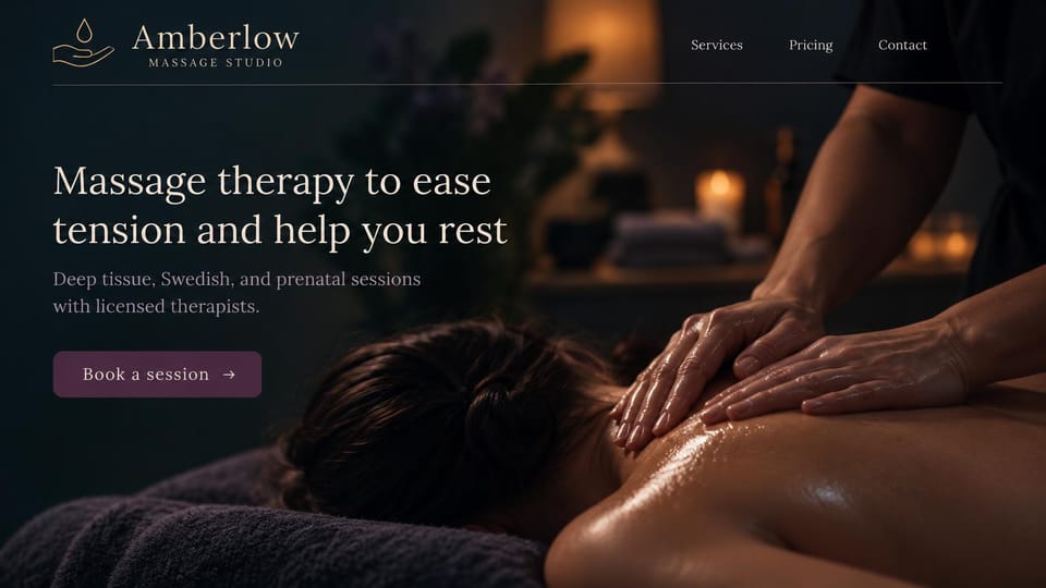 Massage therapist website design, relaxation massage in candlelit plum: dark charcoal photo of hands massaging a client's back by candlelight, a cream serif headline and a plum button