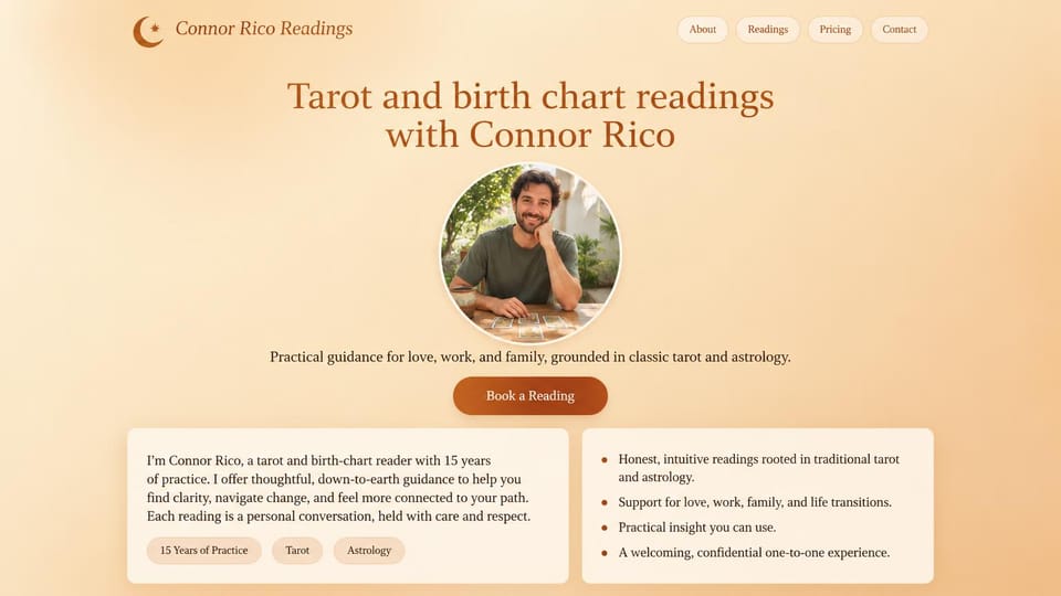Astrology website design, tarot and birth charts with a round portrait: peach gradient page, a rust serif headline, a round photo of a smiling reader at a table of cards, a rust button and two cream cards below