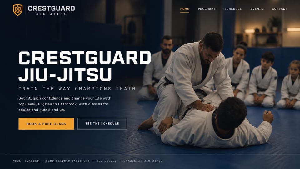 Martial arts website design, jiu-jitsu academy in navy and amber: navy page, a large white headline at left, amber and outlined buttons, an instructor demonstrating on blue mats as kids watch, a program strip at the bottom