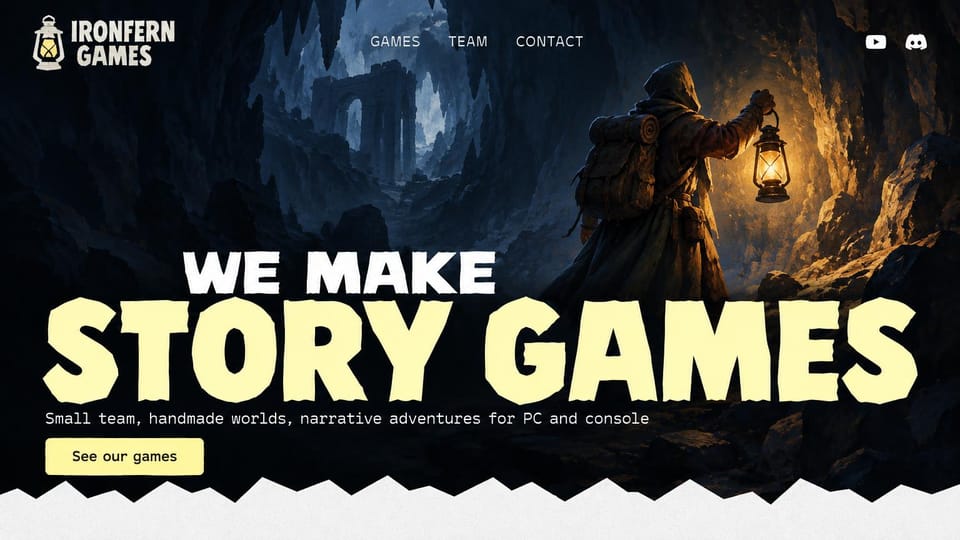 Gaming website design, narrative studio with a giant headline: dark cave scene of a hooded explorer holding a lantern, huge pale yellow headline, a pale yellow button, a torn paper edge