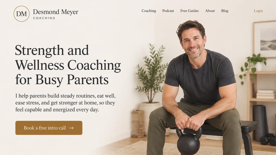 Personal trainer website design, wellness coaching for parents with a relaxed home portrait: cream page, a dark serif headline, a gold intro call button, a smiling man sitting with a kettlebell in a bright home