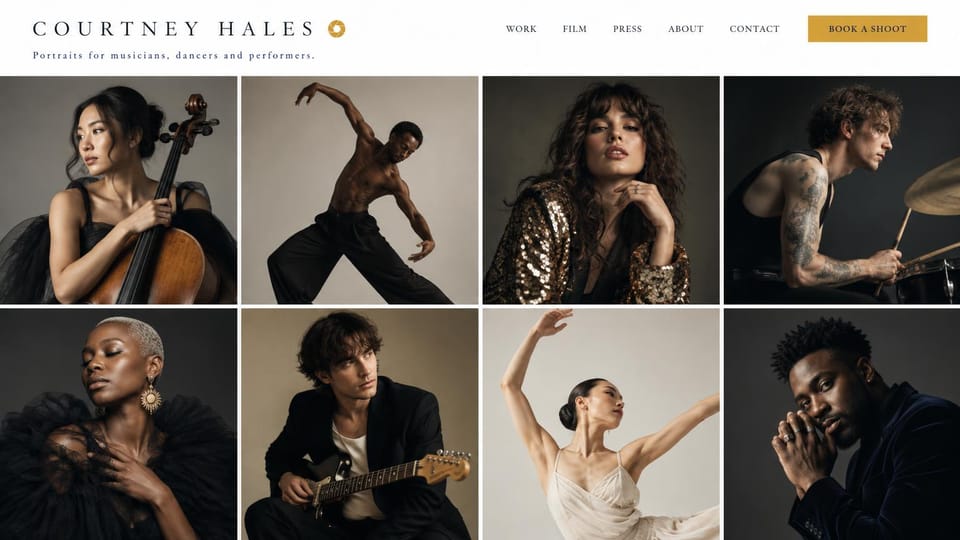 Photography website design, performer portraits in a full grid: white header with a gold book a shoot button above a four-column grid of dramatic performer portraits